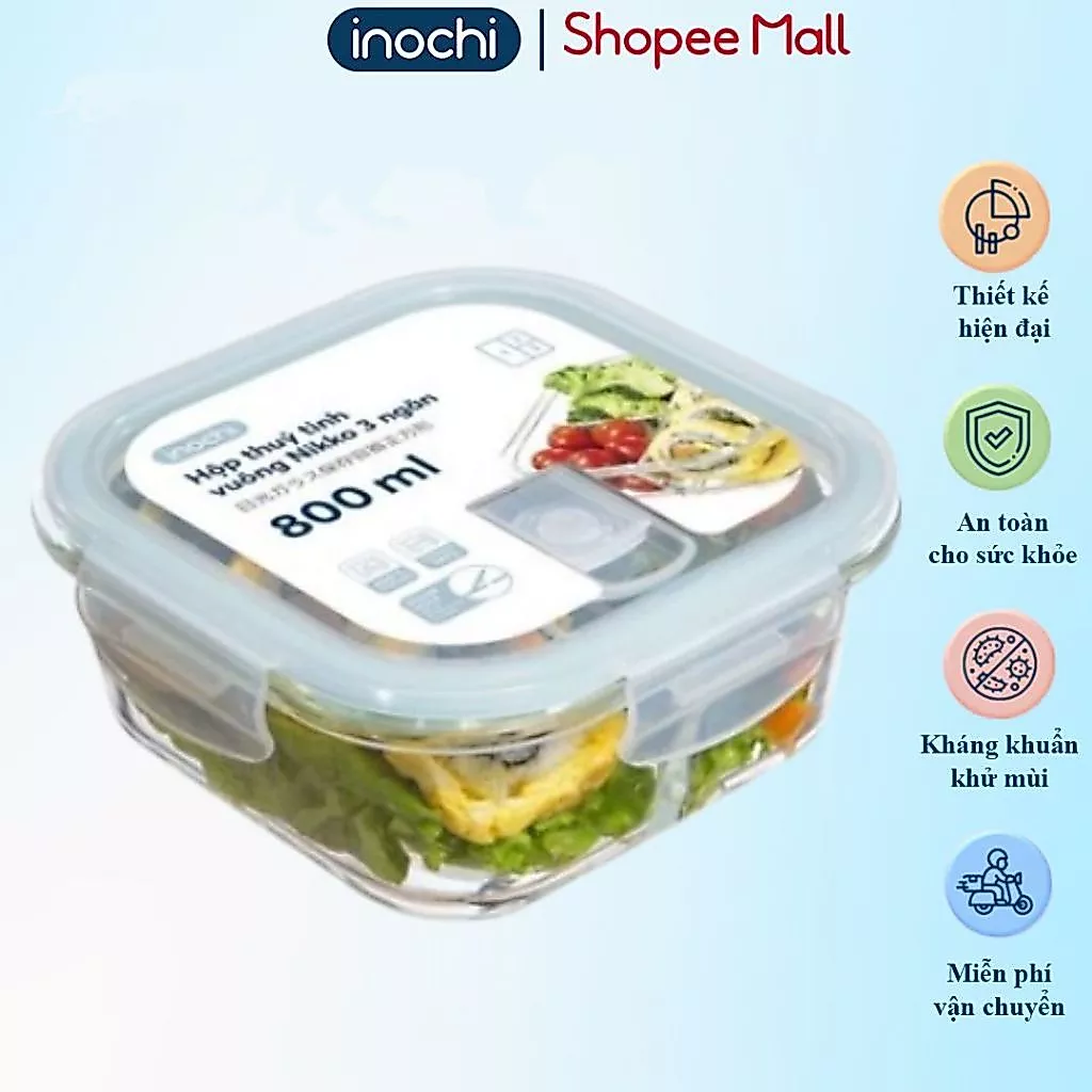 Hộp thủy tinh vuông 3 ngăn 800ml, chịu nhiệt, không rỉ nước, nắp kín, đựng cơm văn phòng tiện lợi.