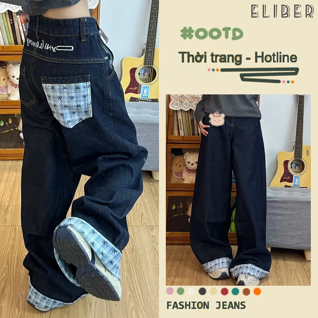 ELIBER- Quần Jeans Nữ Ống Rộng Dài Ghép Kẻ Caro & Nơ Retro Mỹ Thiết Kế Độc Quyền Phóng Khoáng