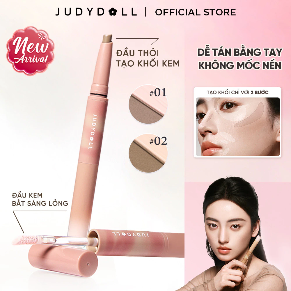 [MỚI] Tạo khối & bắt sáng dạng kem 2 đầu JUDYDOLL Dual End Contour Dễ tán Lâu trôi Chống mốc nền Tự nhiên 1,5ml 90mg