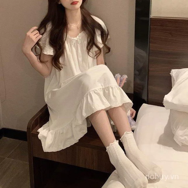 Phụ Nữ Ruffle Cổ Vuông Tay Ngắn Rời Mini Váy Ngủ Mềm Mại Thoáng Khí Dễ Thương Nhà Ngủ Váy 629