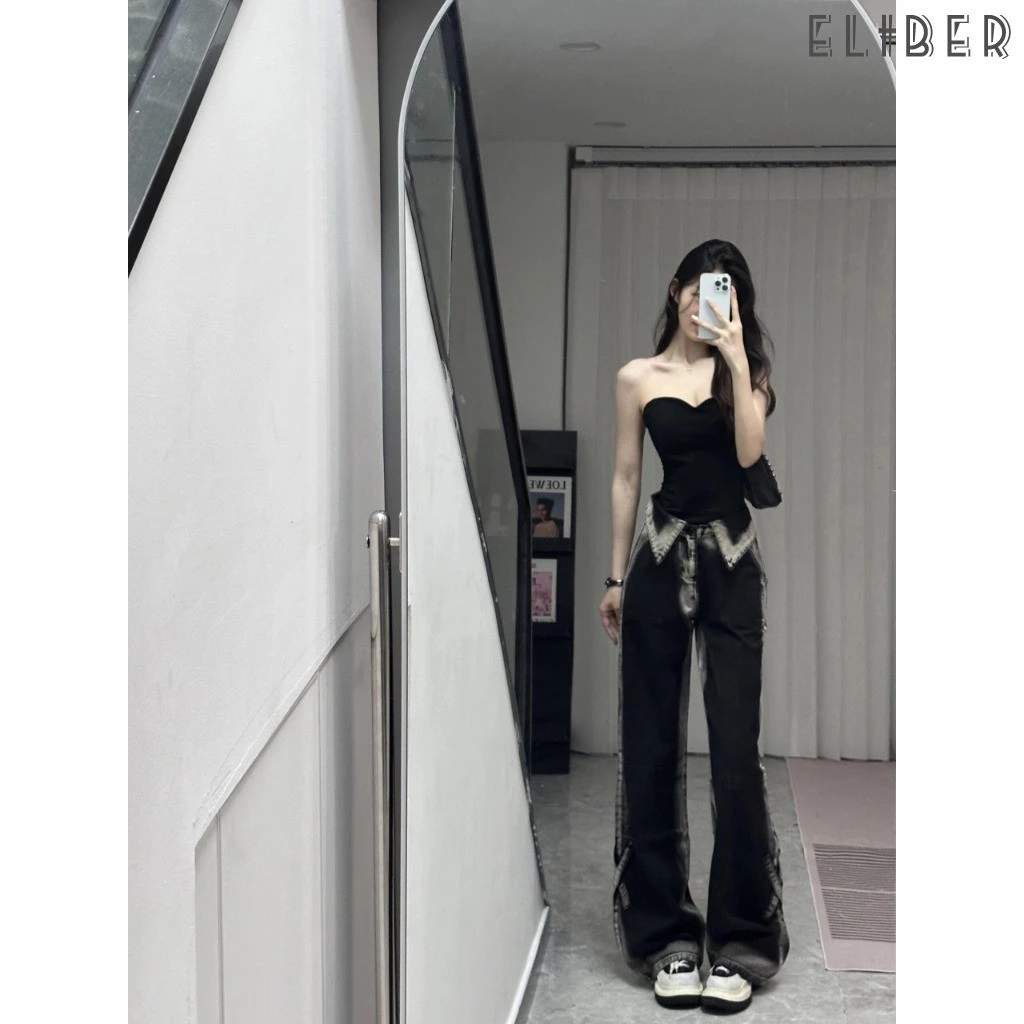 ELIBER- SẴN HÀNG - Quần Jeans Nữ Ống Rộng Eo Cao - Ombre Phối Màu Retro Thiết Kế Lai Gấp Độc Quyền Tôn Dáng