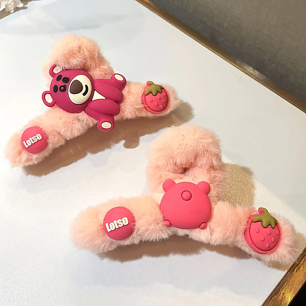 Kẹp Tóc Càng Cua Cỡ Lớn Phủ Lông Gấu Hồng LOTSO Cute