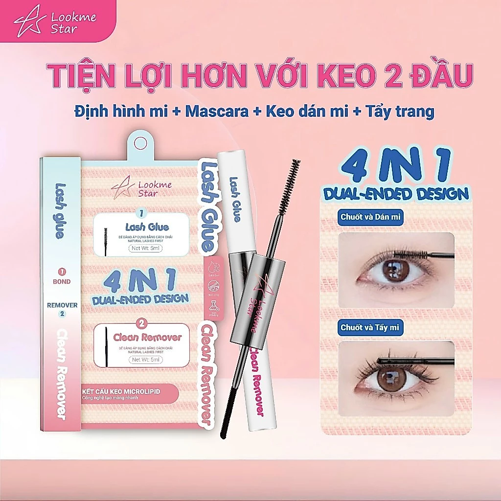 Lookme Star - Keo 2 Đầu Mascara 4in1, Kết Hợp Keo Dán Mi và Tẩy Trang Mi,Dính Chắc,Tẩy Sạch,Dễ Dàng.