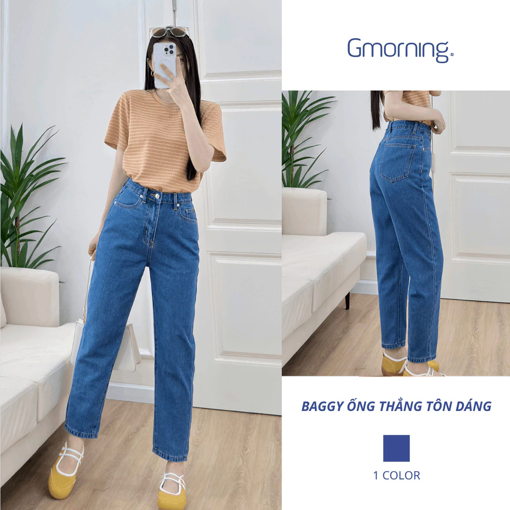 Quần Jean Nữ Baggy Ống Thẳng Màu Xanh Tôn Dáng Gmorning YQJF07044
