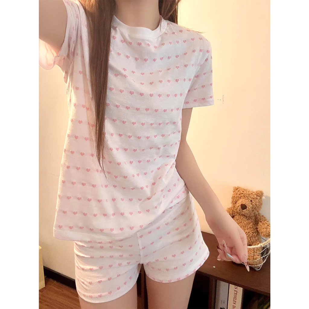 Bộ Đồ Ngủ Mùa Hè - Áo Ngắn Tay Họa Tiết Trái Tim Màu Hồng + Quần Short Đồng Bộ - Chất Liệu Cotton Nguyên Chất - Phong Cách Hàn Quốc Ngọt Ngào Trong Sáng - Mặc Nhà Thoáng Mát