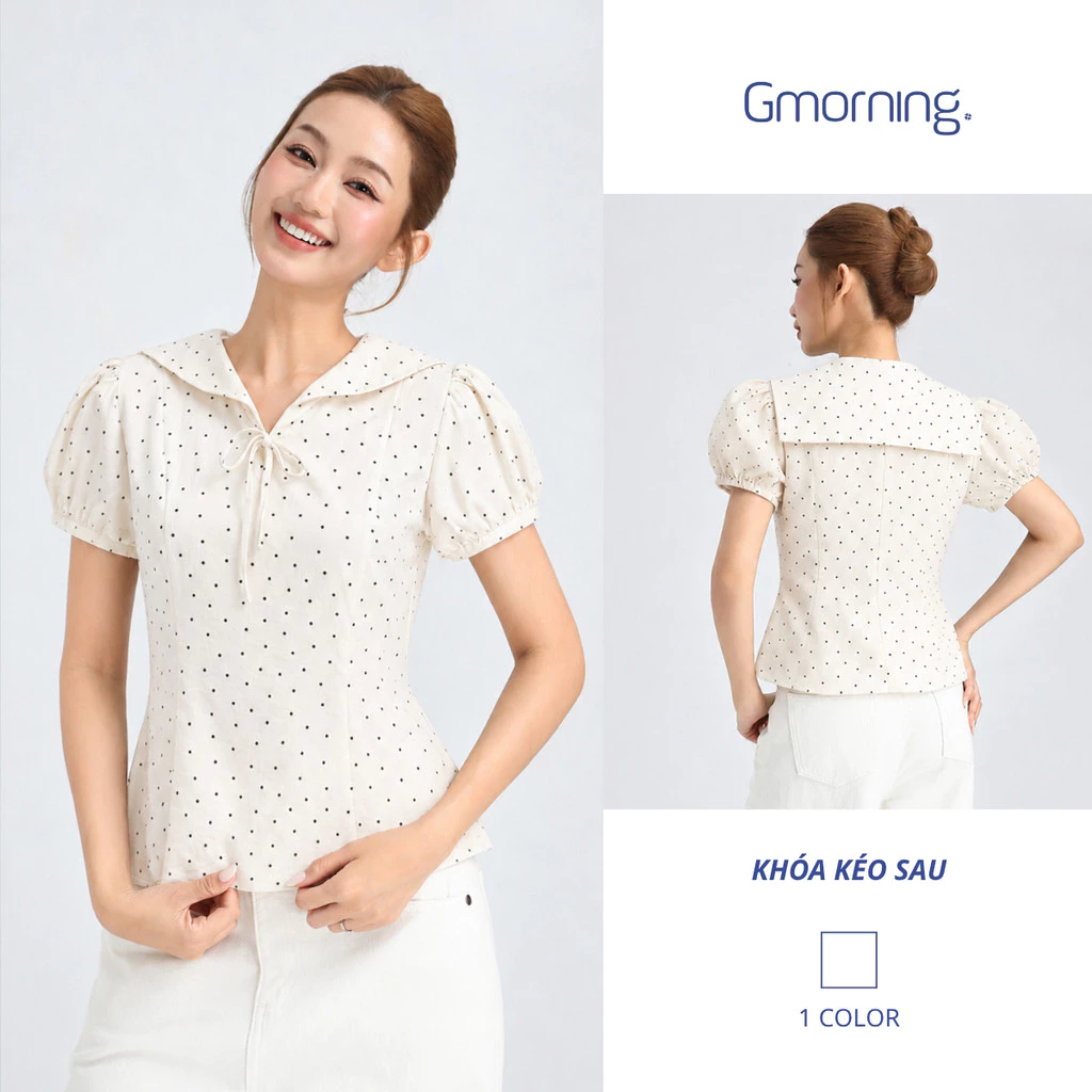 Áo Peplum Nữ Tay Phồng Cổ Thủy Thủ Nơ Ngực Khóa Kéo Sau YAG06042 GMORNING