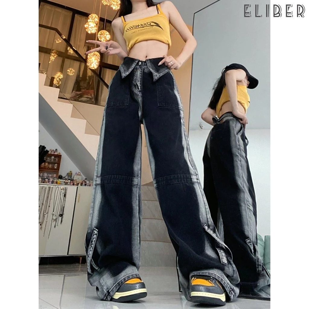 ELIBER- SẴN HÀNG - Quần Jeans Nữ Ống Rộng Eo Cao - Ombre Phối Màu Retro Thiết Kế Lai Gấp Độc Quyền Tôn Dáng