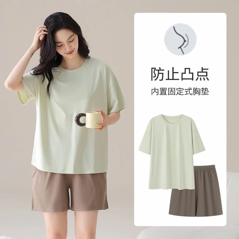 Bộ đồ ngủ nữ Modal có miếng đệm ngực Bộ đồ ngủ nữ Quần Short ngắn tay phong cách mỏng Mùa hè ngọt ngào Dễ thương dáng rộng Kích thước lớn Bộ đồ ngủ đơn giản thoải mái Bộ 2 món không chứa đồ lót