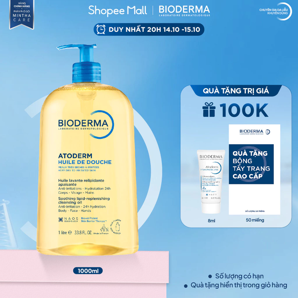Dầu tắm giúp làm sạch, làm dịu và dưỡng ẩm dành cho da khô, da nhạy cảm Bioderma Atoderm Huile De Douche 1L