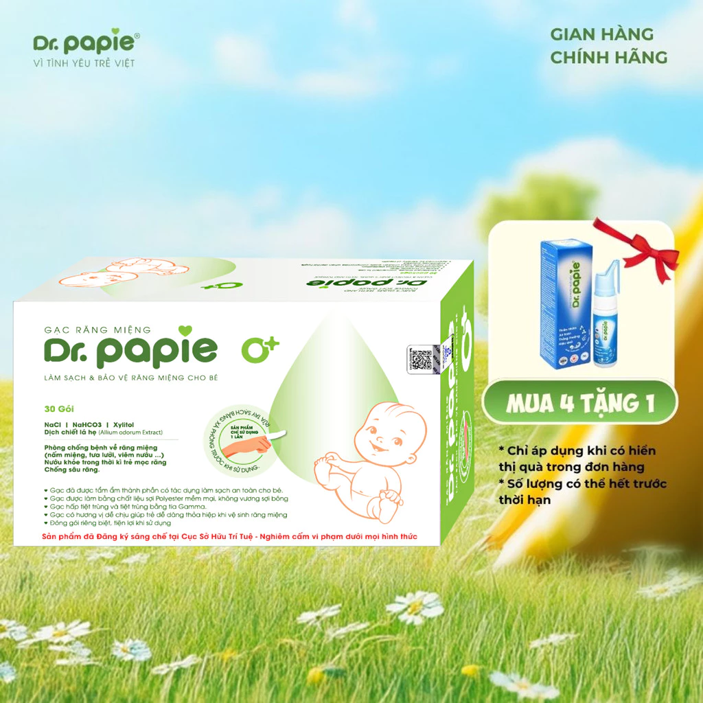 Gạc Rơ Lưỡi Dr.Papie Tiêu Chuẩn 5SAO, Làm Sạch Răng, Lưỡi, Nướu và Khoang Miệng Cho Bé - 30Gói/Hộp