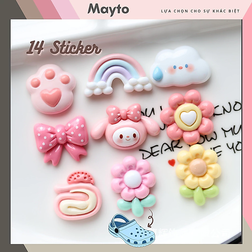 Bộ 14 Sticker, Charm 3D chủ đề Sanrio Bunny DIY nhựa cứng gắn Dép, Dép Sục, Cá Sấu MayTo JB-15