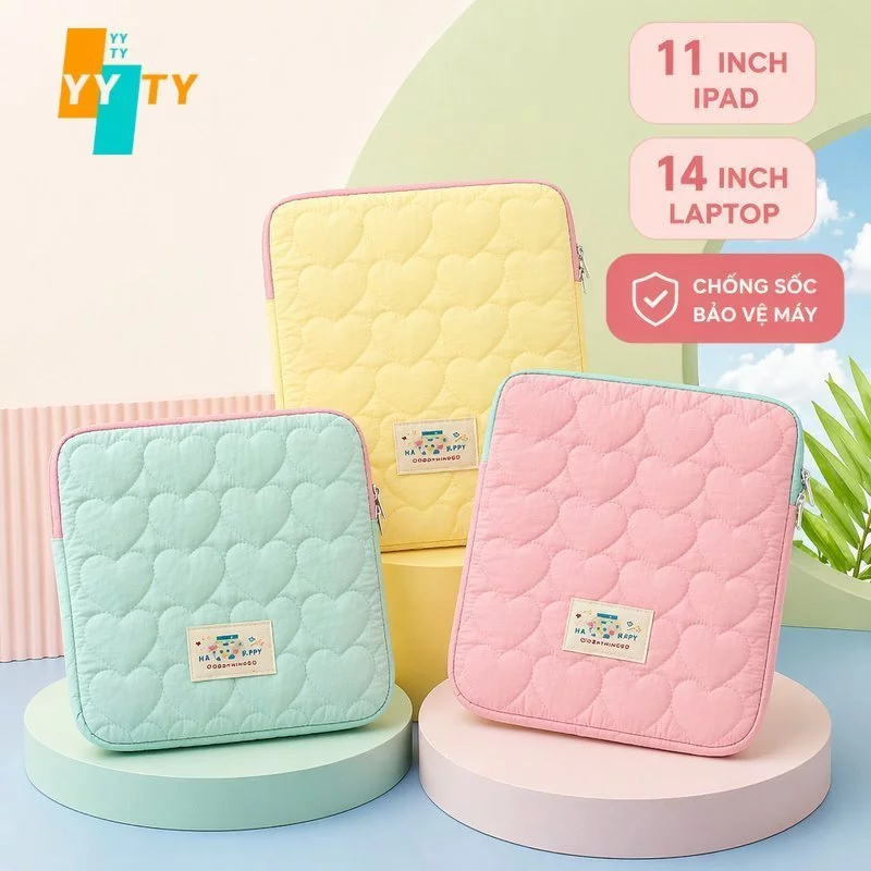 túi laptop túi ipad chống sốc chần bông pastel dễ thương 2 ngăn khóa kéo đi học đi làm