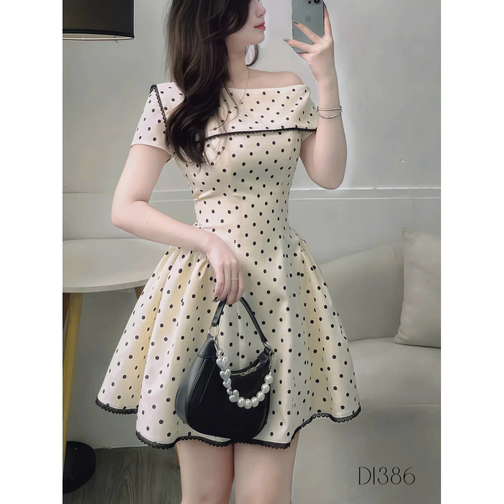 (MỚI) Đầm Nữ Ngắn SIÊU XINH Thiết Kế Trễ Vai Chấm BI Phối Viền Ren THỜI TRANG CỰC ĐẸP HIYU 66 STORE