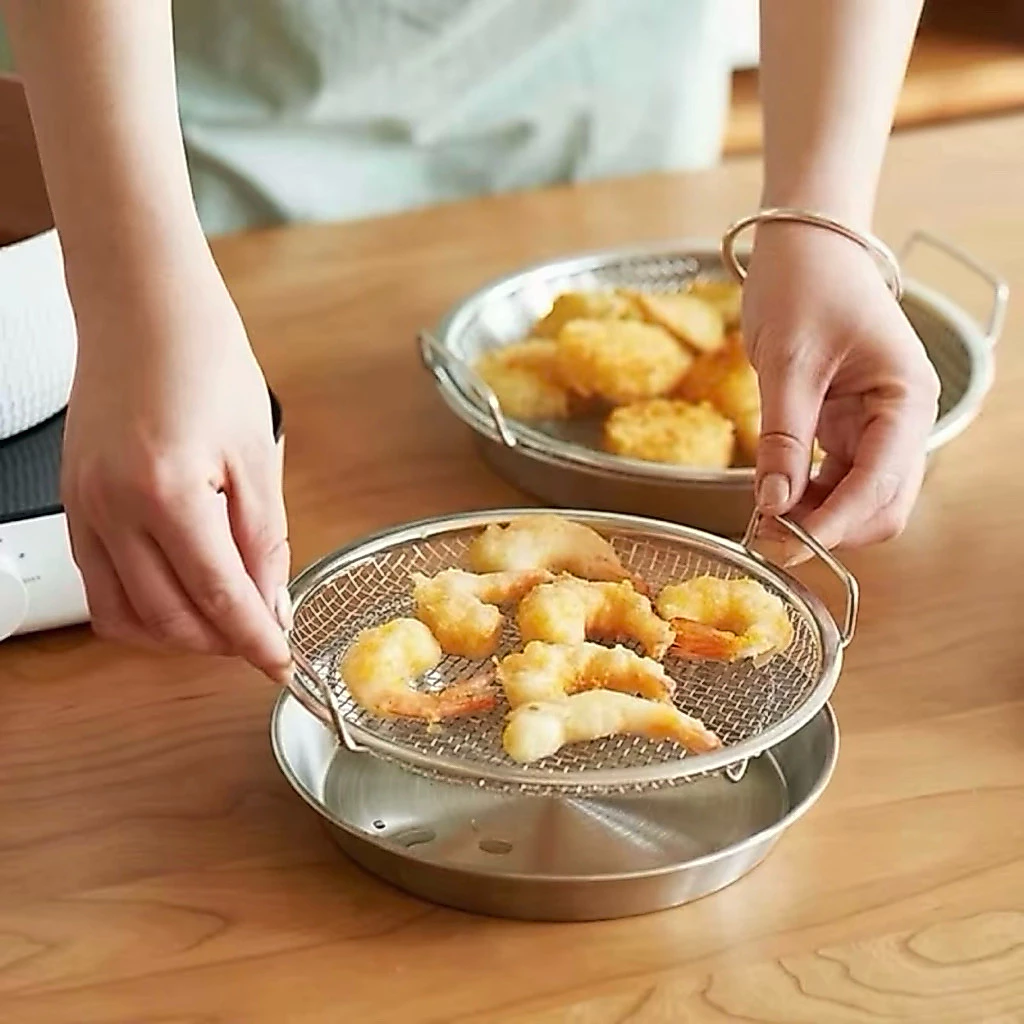 Set Khay ( Tặng Kèm Vỉ Lưới Lọc Dầu ) Chất Liệu Inox ~ 304 Cao Cấp size 20cm Rổ Lỗ - T779