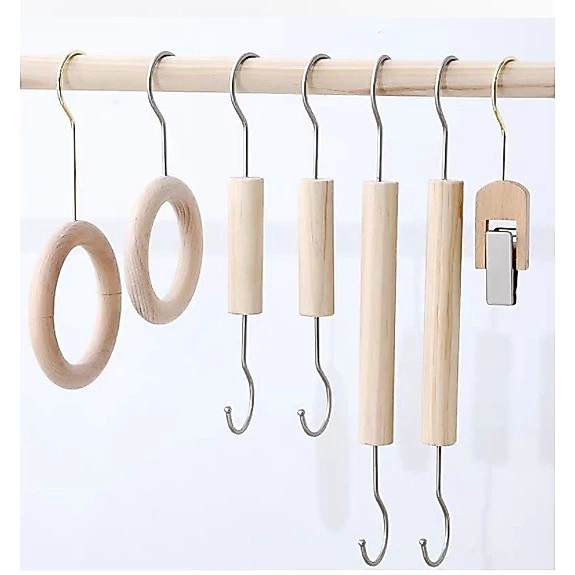 Móc Chữ S Gỗ Tự Nhiên, Vòng Tròn Gỗ, Treo Quần Áo Chụp Ảnh Decor