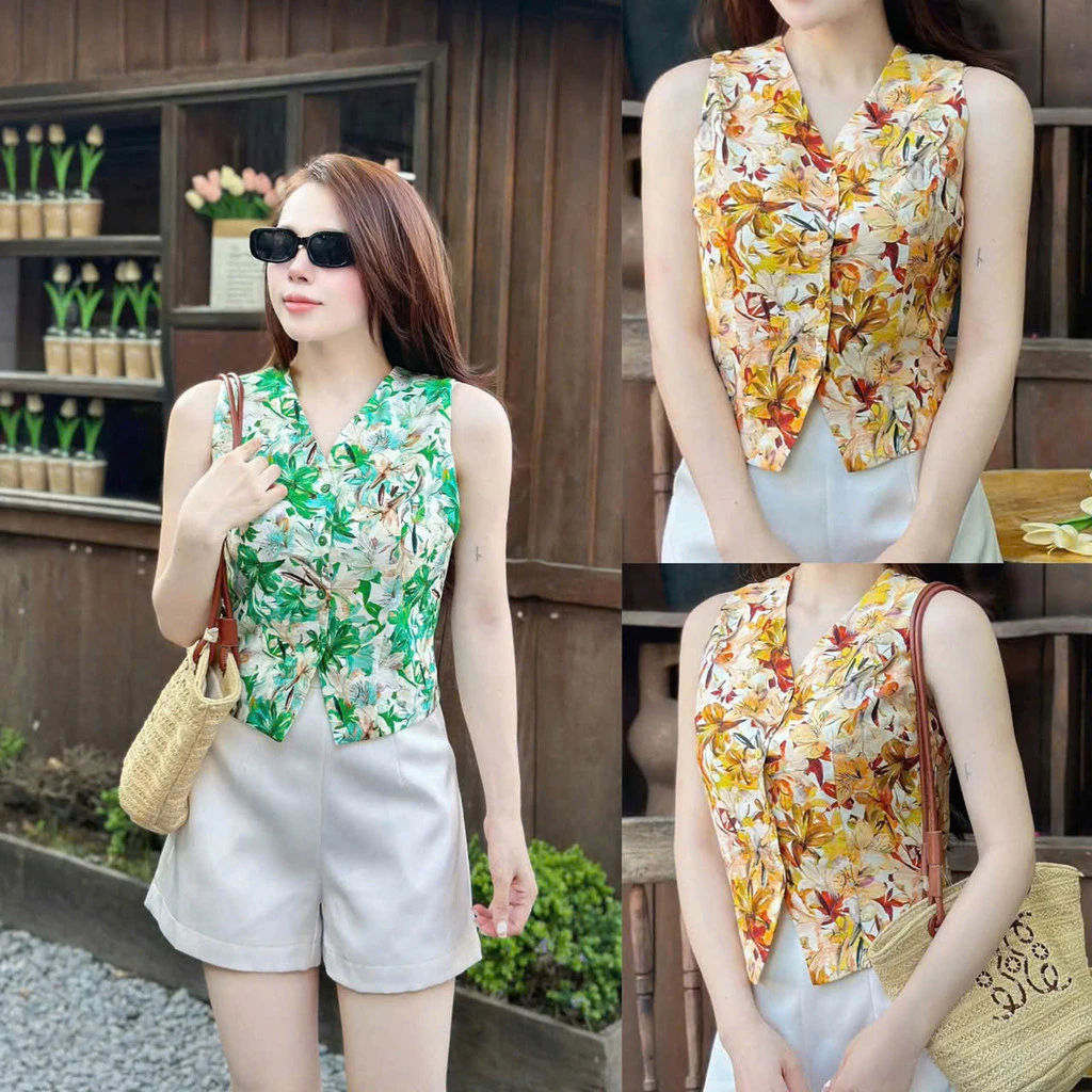 Set Gile Nữ Họa Tiết Hoa Cài Nút Sát Nách Phong Cách Vintage Mặc Đi Chơi Dạo Phố THOITRANGNAM1986
