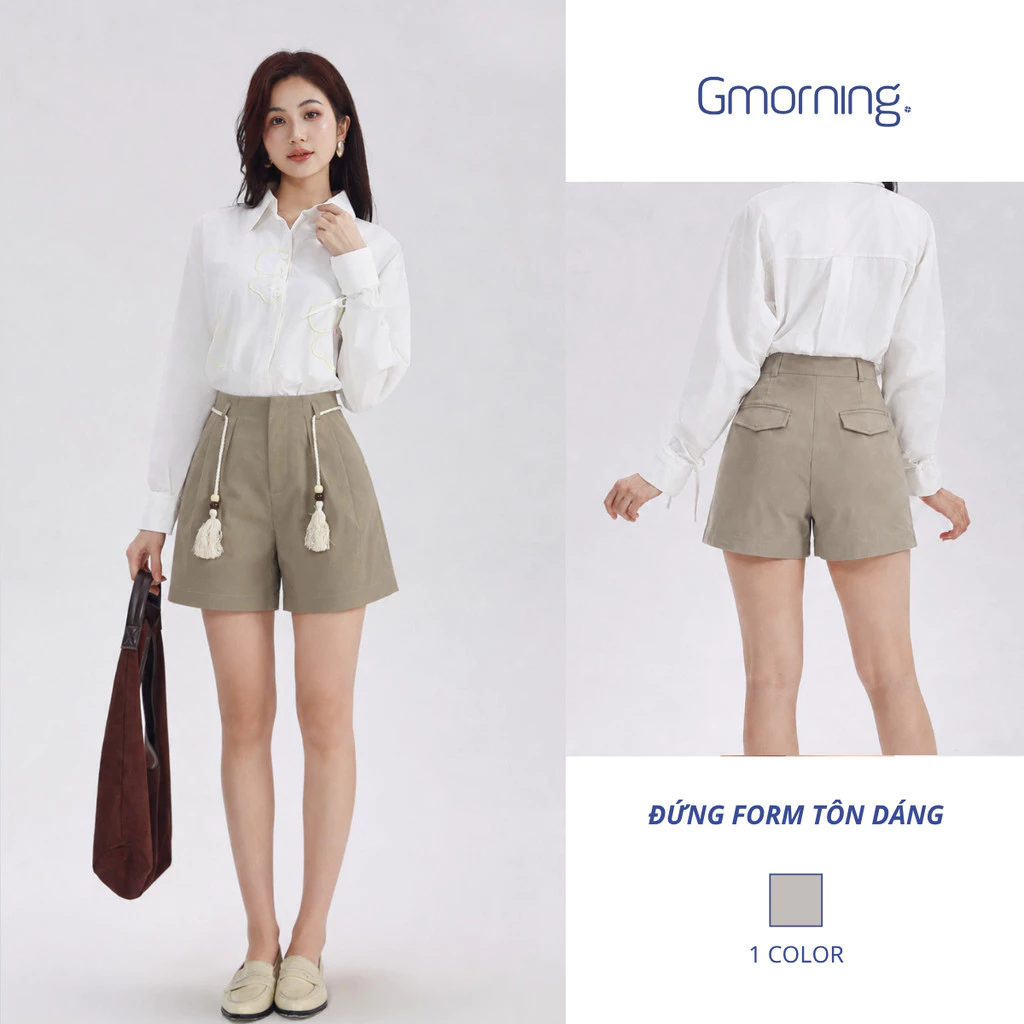 Quần Short Kaki Nữ Lưng Cao Gmorning YSHG06006 - Quần Sooc Nữ Ống Rộng Xếp Ly Kèm Dây Thắt Nơ Năng Động