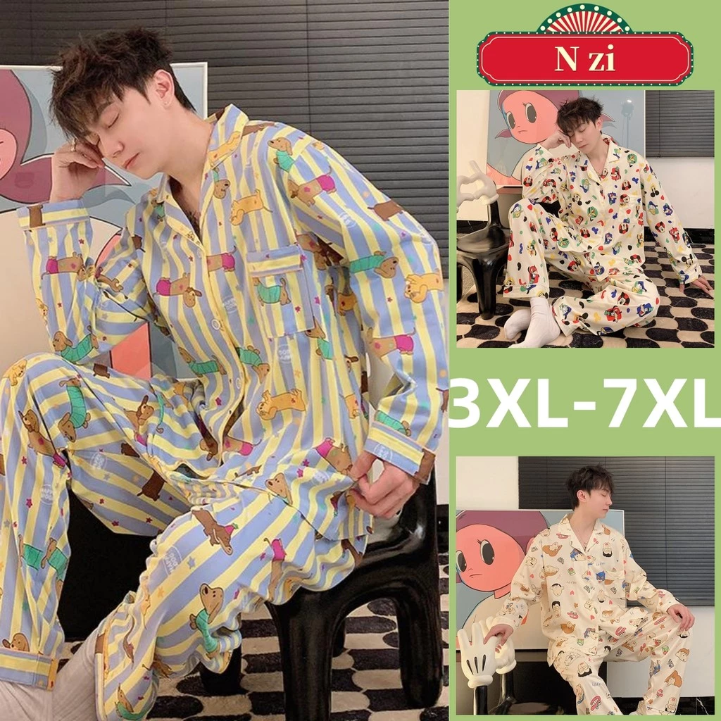 Bộ Đồ Ngủ Nam 3XL-7XL Mùa Thu Đông Dài Tay In Hình Hoạt Hình Từ Bông