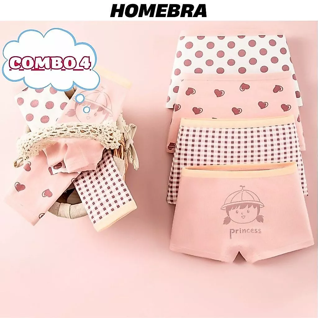 [ XẢ KHO ] Set 4 quần lót bé gái dạng đùi ngắn, Đồ lót trẻ em quần chip chất cotton co dãn họa tiết cute L8001