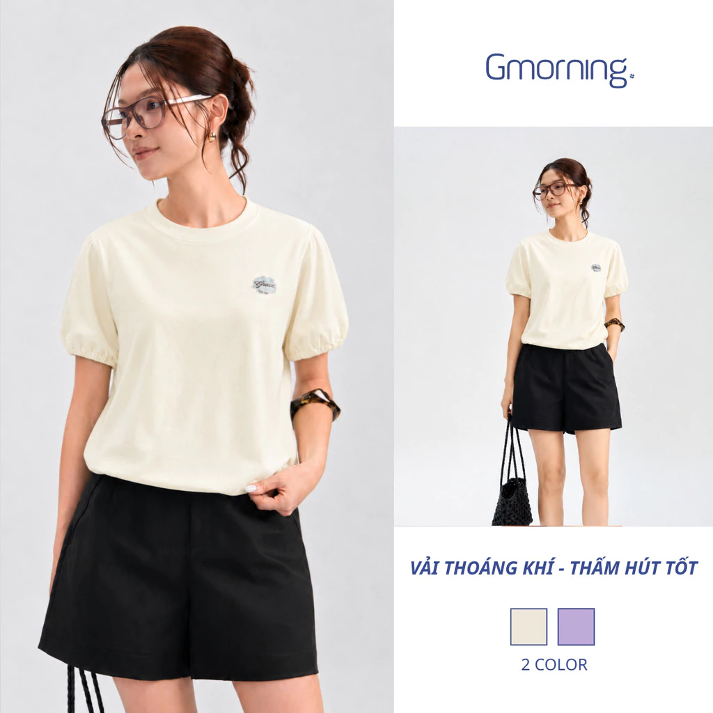 Áo Thun Nữ Gmorning YATG06002 Tay Bí Form Bí - Áo Phông Cổ Tròn 2 Lớp Thêu Logo Năng Động, Dễ Phối Đồ