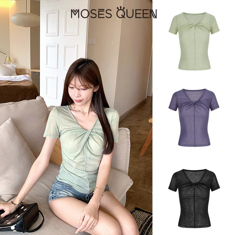 MOSESQUEEN Nữ Xù Thắt Nút Cổ Chữ V Tay Ngắn, Vải Sheer Nhẹ Eo Slim Fit Thiết Kế Vai Trước Áo Thun Mùa Hè #63752
