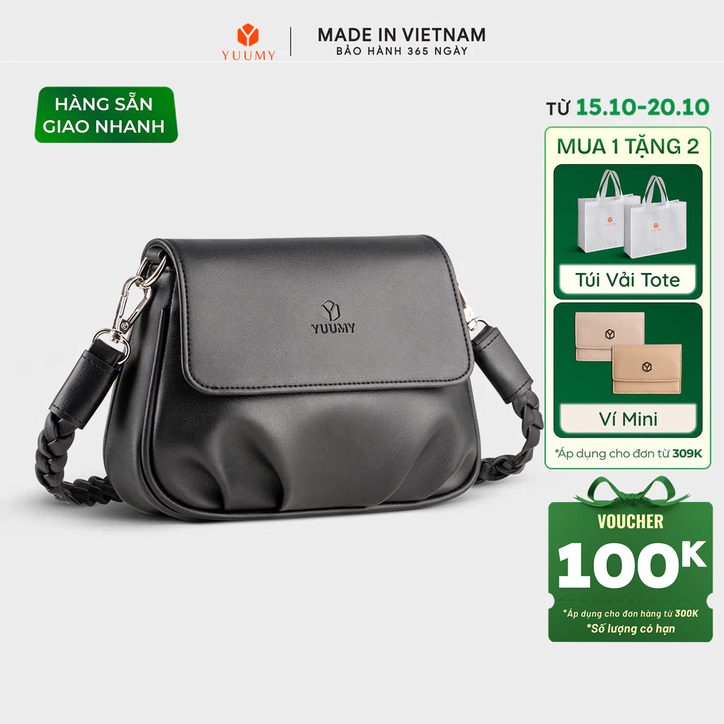 Túi Yuumy (Thời trang nữ xếp nhún phối nắp gập size 20 - Túi đeo chéo da Seasand YN260)