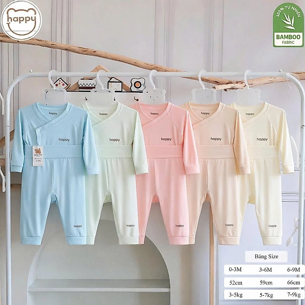 BD14. Bộ Sơ Sinh Cạp Cao Happy Kids Vải Petit Sợi Tre Siêu Mềm Mịn Mỏng Mát Cho Bé Từ 3-8kg