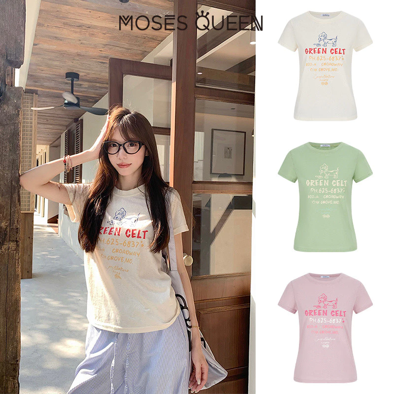 MOSESQUEEN Áo thun unisex tay ngắn in chữ phong cách retro Mỹ, áo nữ mùa hè ôm dáng đa dụng hàng ngày #63792