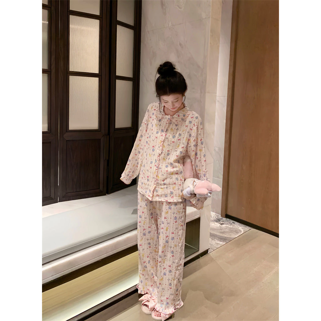 861_ Bộ ngủ nữ, pijama dài tay hoạ tiết nơ hồng chất muslin | 9scat | Hàng QCCC