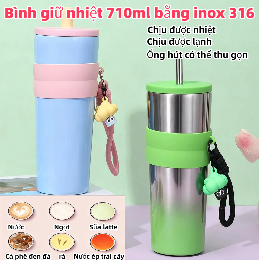 Bình giữ nhiệt làm bằng thép không gỉ 316, bình nước thể thao 710ml, có kèm ống hút，tiện mang theo