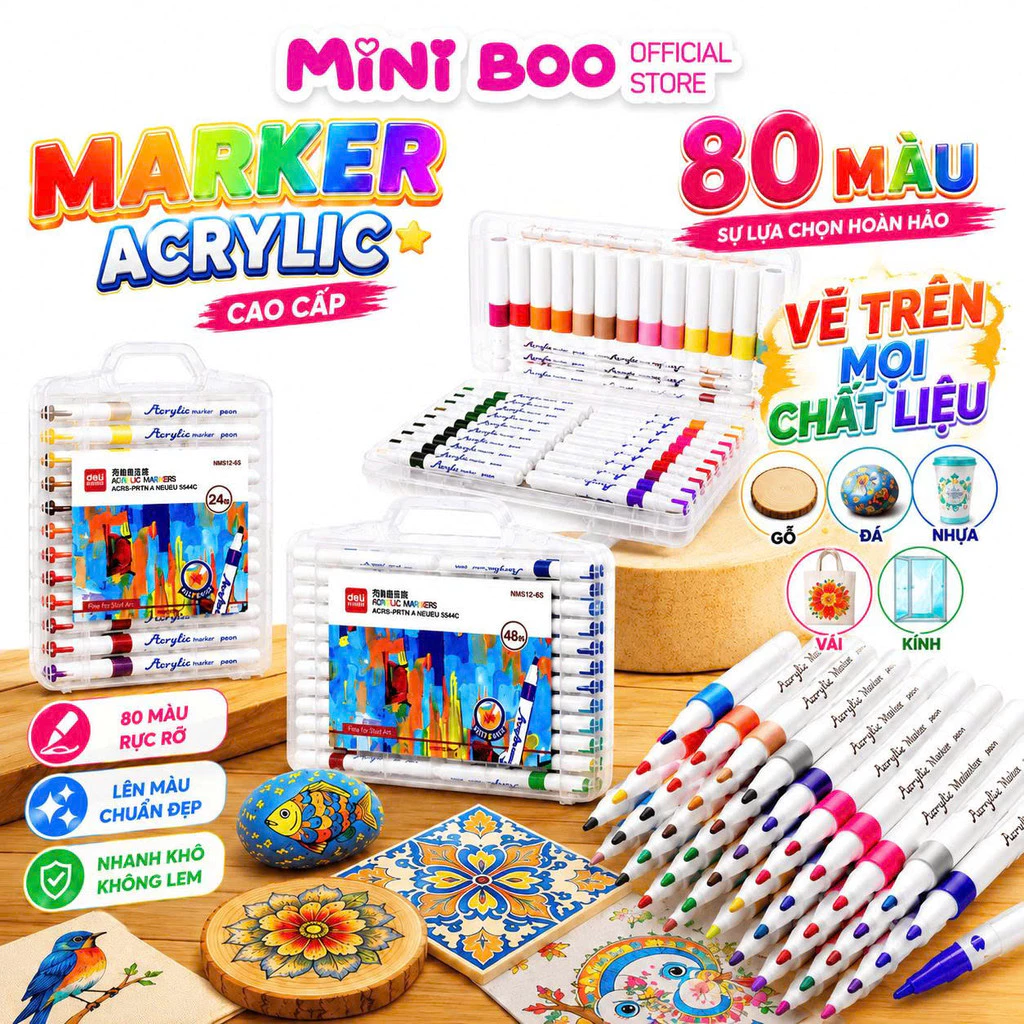 Bút màu Acrylic Marker Cao Cấp -12/24/36/48 bút sơn Acrylic chống nước vẽ trên mọi chất liệu vẽ giày vải chai lọ