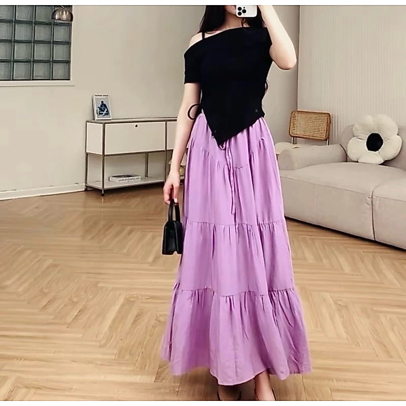 V3-{SANSAN}-BẢN DÂY RÚT-Chân Váy Mixxi Dáng Dài Bốn Tầng-Cạp Dây Rút-Hai Lớp-Dễ Mặc, Dễ Phối
