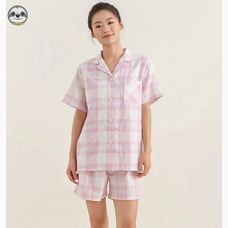 Phong cách Nhật Bản Muji Style / Cặp đôi kẻ sọc Cotton nguyên chất Quần short ngắn tay Loungewear / Nam Nữ Mùa hè mát mẻ Loungewear / Bộ đồ ngắn tay thoáng khí thoải mái