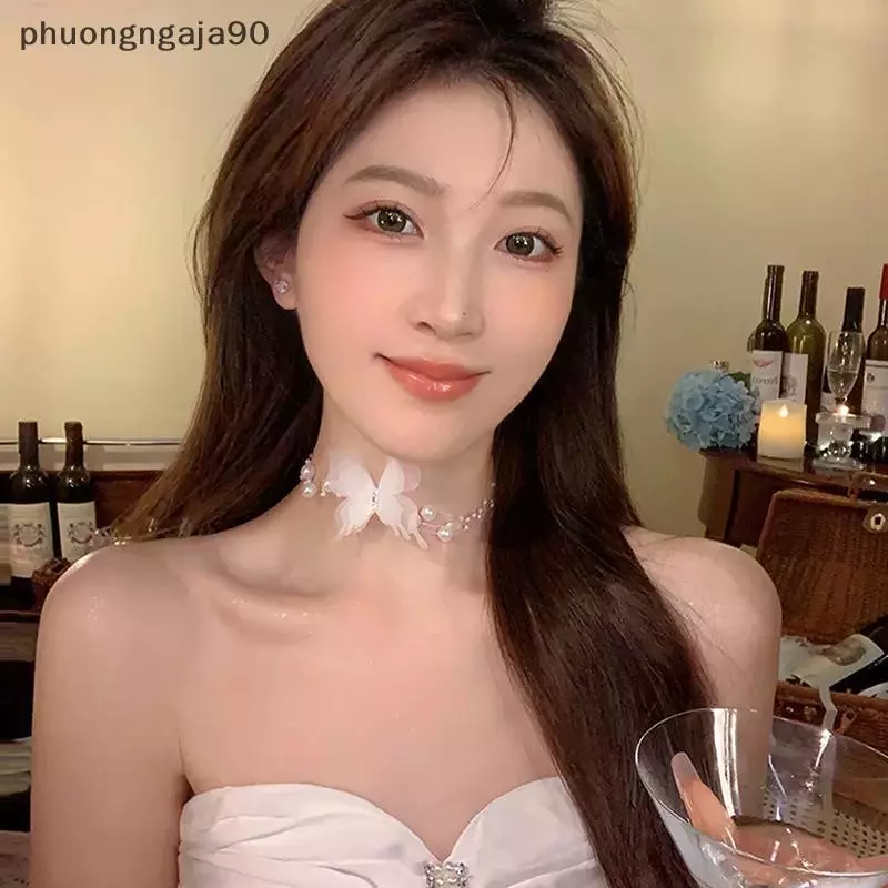 Trắng bướm giả ngọc trai Choker Vòng cổ cho phụ nữ đồ trang sức Cưới Quà Tặng