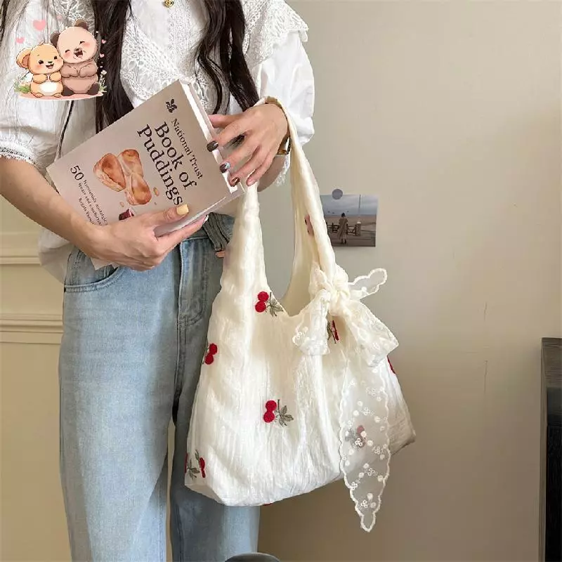 Vải tuyn Tinh Tế Chắp Vá Da Anh Đào Dung Tích Lớn Túi Tote Ngọt Ngào Nữ Tính Nơ Một Vai