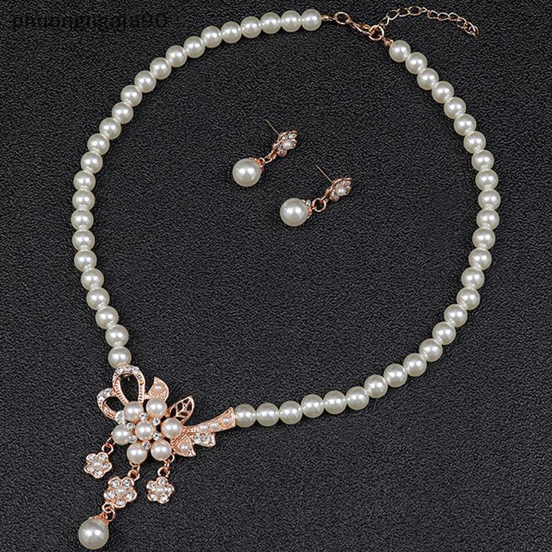 1 bộ phụ Nữ Vòng cổ đính cườm Glossy giả ngọc trai Rhinestone nhúng hoa Vòng cổ Stud Bông tai Kit
