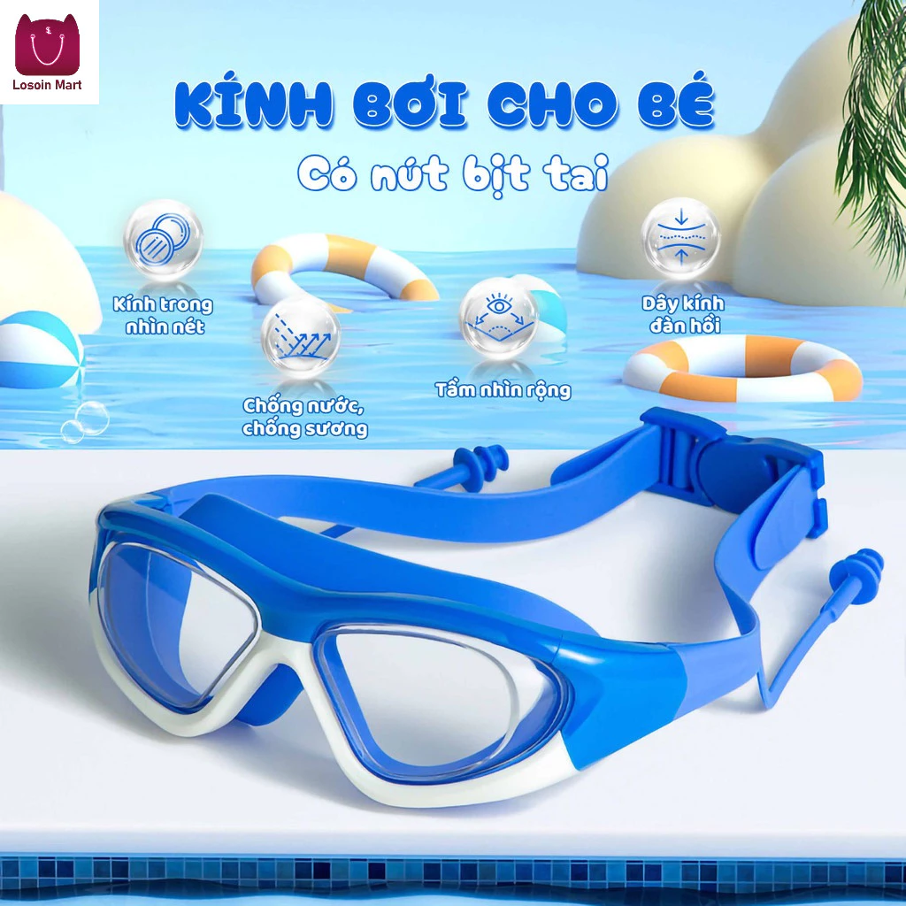 Kính bơi silicon chống nước chất lượng cao dành cho trẻ em, kính bơi có nút tai, phù hợp cho trẻ em từ 3-15 tuổi