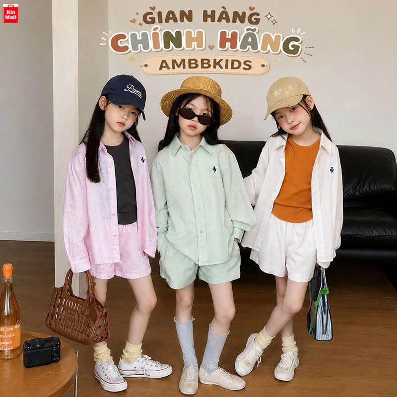 (15-55kg) Set Áo Sơ Mi 𝟐𝟎𝟐𝟔 form rộng+Quần Short 2 Lớp Chất Cotton Tre Mềm Mại Phong Cách Hàn Quốc Cho Bé Gái – AMBBKIDS