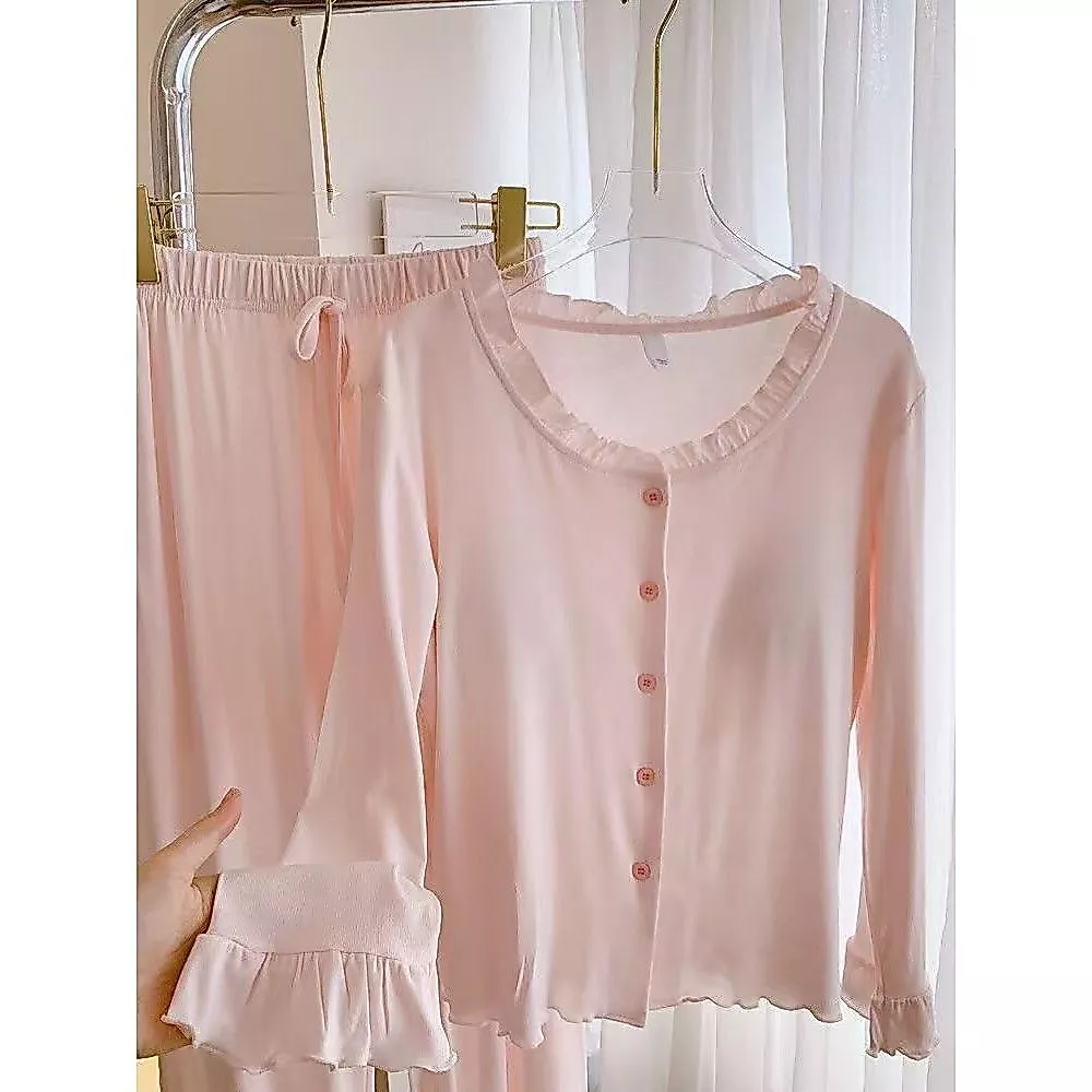 [Pre-Order]-Bộ đồ ngủ nữ kiểu Hàn Quốc, phong cách ins, có bèo nhún, mỏng nhẹ, đơn giản, thoải mái, tay dài, hàng qc