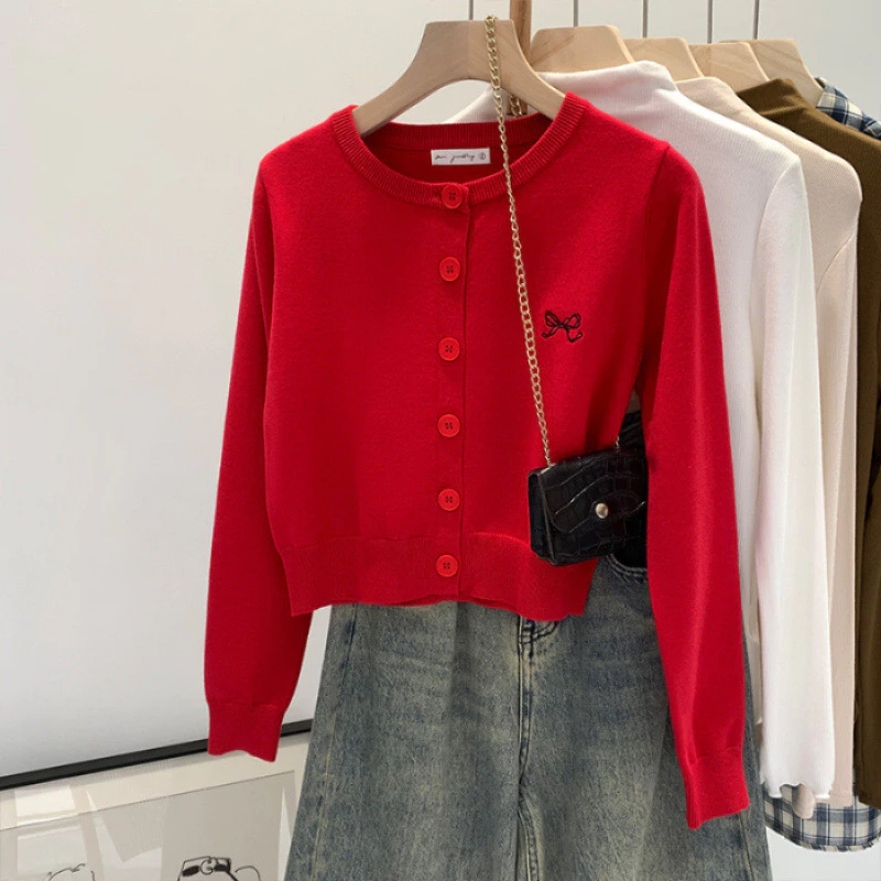 YAYUAN Cổ Tròn Cardigan Dệt Kim Phong Cách Phương Tây, Màu Đỏ, Thiết Kế Mỏng nhẹ