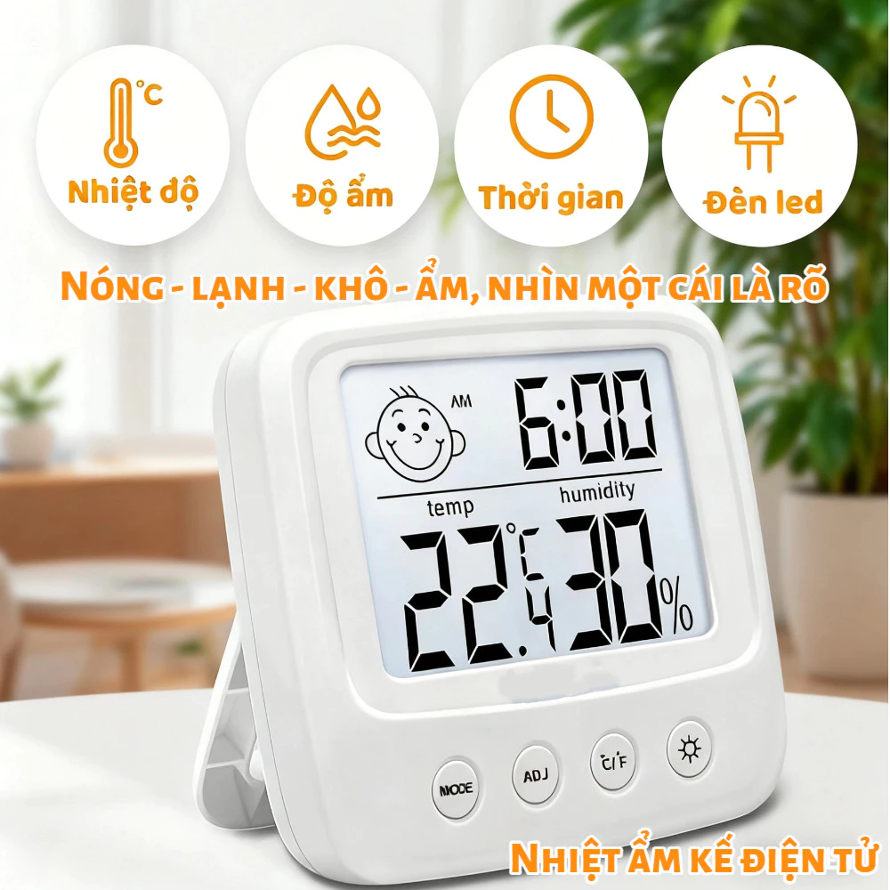 Nhiệt ẩm kế điện tử kỹ thuật sốcó thể để bàn hoặc treo tườngdùng phù hợp cho phòng trẻ em/phòng ngủ