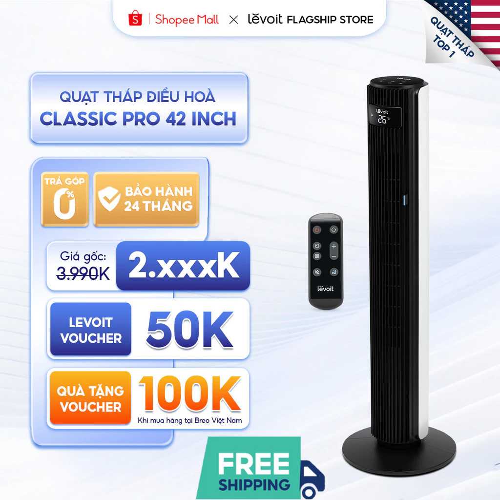 Quạt Tháp Điều Hòa Thông Minh Levoit Classic Pro 42 Inch | Cảm biến nhiệt độ - 12 cấp gió