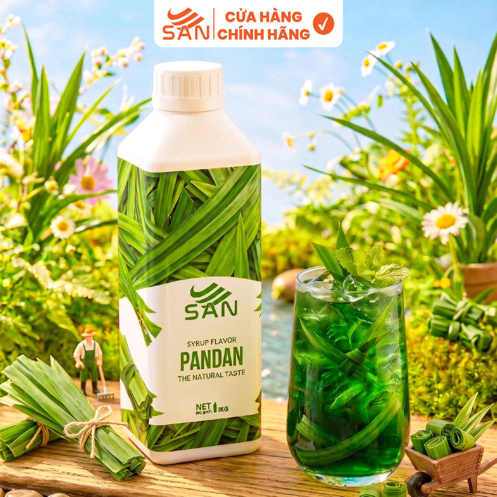 Syrup/Siro Lá Dứa SAN chai 1Kg, có mẫu thử, công thức pha chế chuẩn quán, dễ sử dụng, thơm tự nhiên.