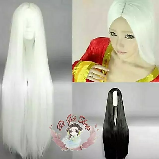 Tóc giả nguyên đầu wig cosplay không mái bạc trắng/ đen 1m có da đầu
