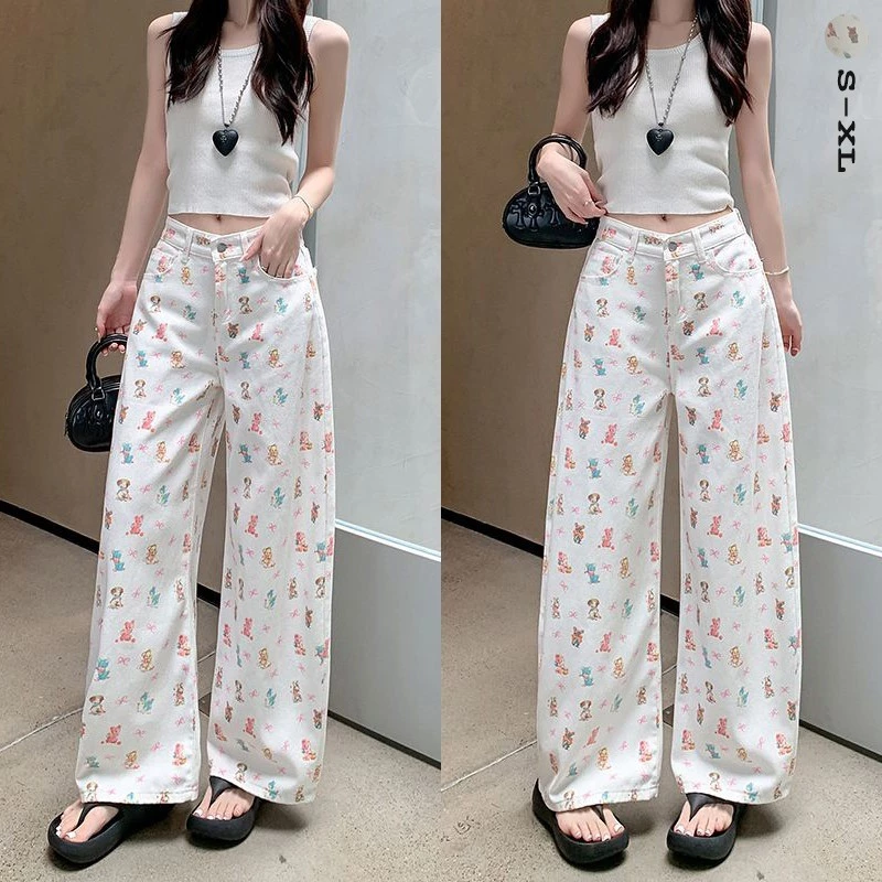 Quần ống rộng in hình hoạt họa phong cách Mỹ mới 2026 dành cho nữ, dễ thương, rộng rãi, tôn dáng, quần dài thường ngày