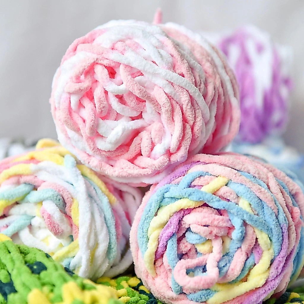 Len Nhung Đũa Màu Loang Cuộn 100g Sợi Len 6mm Mềm Mại Dùng Để Đan Móc Thú Bông, Khăn Len