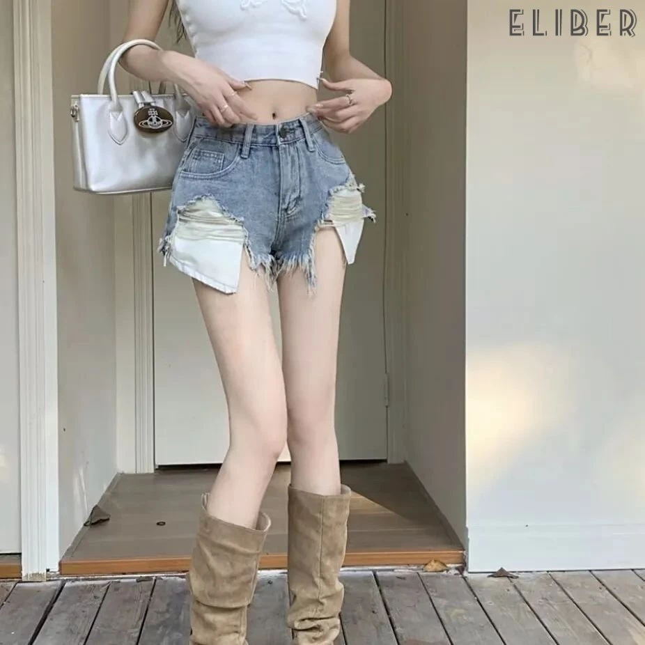 ELIBER- SẴN HÀNG - Quần Jeans Nữ Ống Rộng Eo Cao - Phong Cách Hàn Quốc Quyến Rũ - Retro Rách Độc Đáo Tôn Dáng