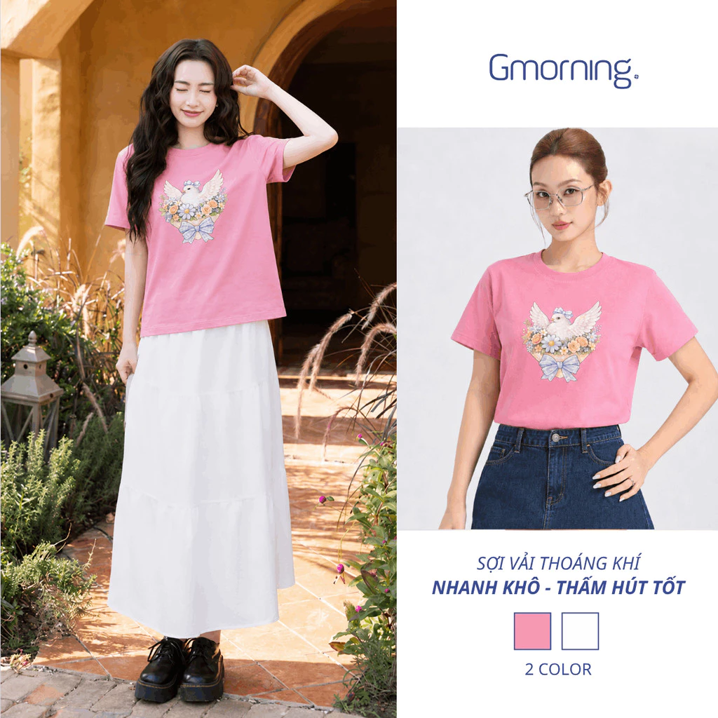 Áo Thun Phông Nữ Gmorning YATG07007 Họa Tiết Hoa Cổ Tròn - Áo Thun Ngắn Tay Form Regular Dễ Phối Đồ