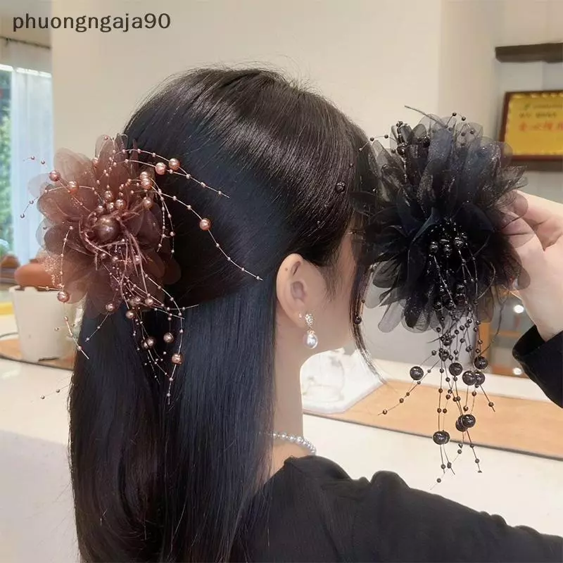 Thời trang màu đen lưới hoa tóc Clip phụ nữ Cá Mập đuôi ngựa Clip headdress tính khí Hoa tóc Claw mũ nón