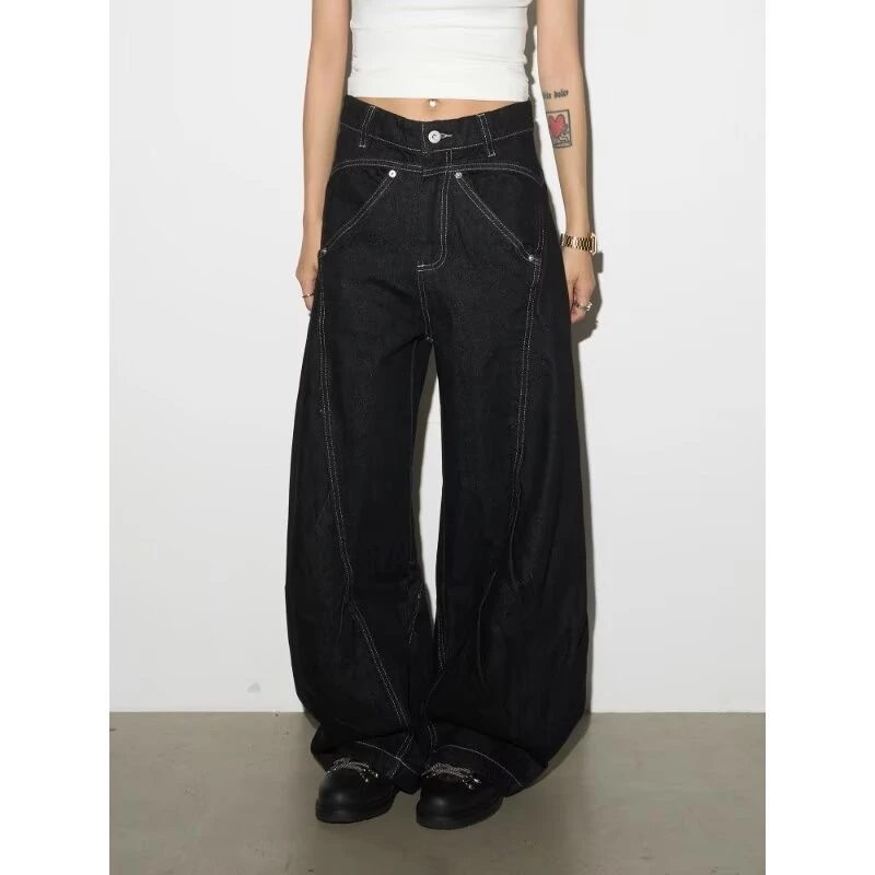 Quần jean nam ống loe phong cách American retro Form rộng màu đen rửa bạc Quần baggy unisex dáng suông thoải mái